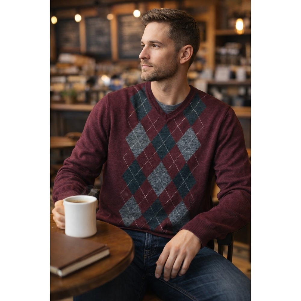 APT 9‎ Argyle Merino Wool Blend Sweater XL Burgundy V Neck Pullover